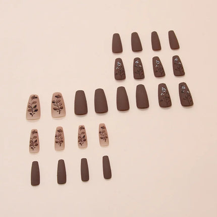 Dark Brown Flowers 24 Pcs Press-on Nails Pink Nail Polish Glossy Artificial Finger Manicure Reusable False Nails