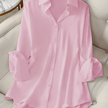 Plus Size Women Oversize Shirts Plain Pink Tops Solid Color Versatile Lapel Thin Travel Essential Single-breasted Blouse Clothes