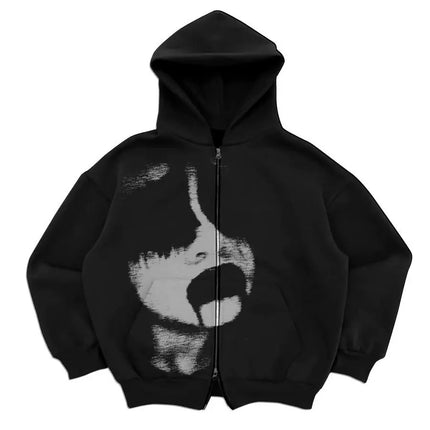 Street sports zipper printed cardigan 2024 new street trend hooded sweatshirt fashion men's Y2K loose retro pocket sweatshirt