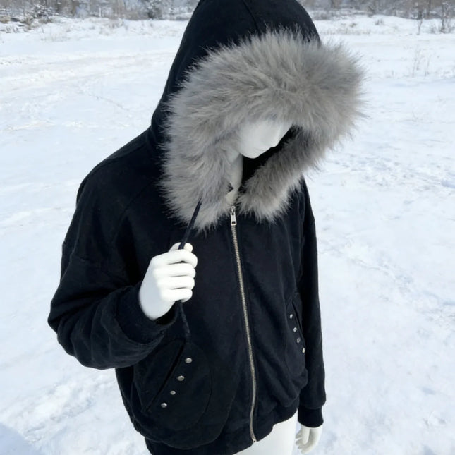 2026 New Unisex Y2K Street Hip Hop Black Hoodie Detachable Fur Collar Stitching Windproof Warm Couple Streetwear Coat