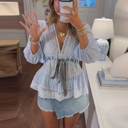 Elegant Lace Patchwork Women Shirt Half Sleeve V-Neck Lace Up Waist-Closed Lady Top 2026 Spring Summer Casual Female Streewear