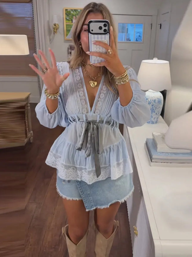 Elegant Lace Patchwork Women Shirt Half Sleeve V-Neck Lace Up Waist-Closed Lady Top 2026 Spring Summer Casual Female Streewear