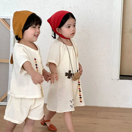 RAISE 2026 Summer Siblings Attires Children Pure Cotton Pajamas Set Kids Boys Tees+shorts Homewear Suit Kids Girls Print Dress