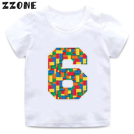 Building Blocks Bricks Number Bow Print Cartoon Boys Clothes 1 2 3 4 5 6 7 8 9 Years Birthday Kids T-shirt Baby Girls T-Shirts