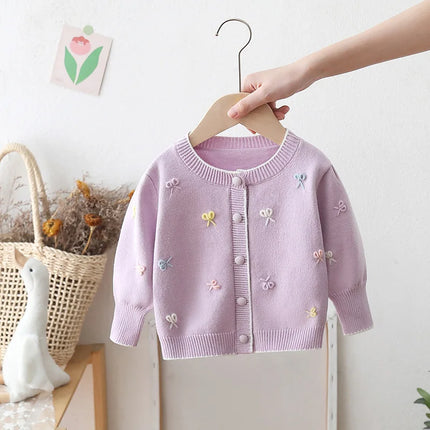 Girls Sweet Cute Embroidery Butterfly Long Sleeve Soft Warm Knitting Cardigan Kids Children Sweaters Three Colors