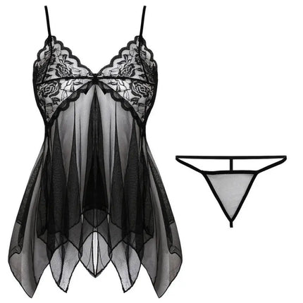 Women Lace Babydoll Lingerie Set Spaghetti Strap Sheer Nightwear Irregular Hem With Panties Sheer Floral Erotic Hot Sexy Costume