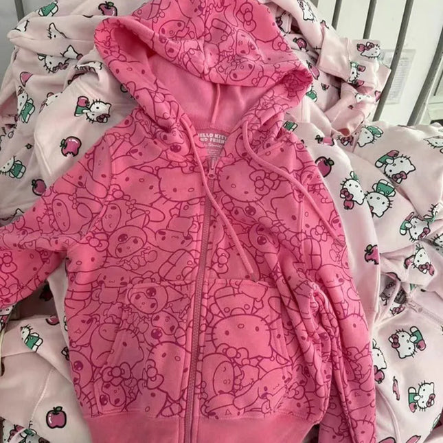 Sanrios Hello Kittys Zipper Hooded Sweater Women Cartoon Print Long Sleeve Sweatshirts Jacket Y2K Girls Kawaii Casual Loose Coat