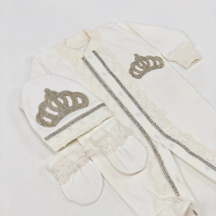 Original UK Prince Take Me Home Outfit Baby Crown Jewels set Baptism Bling Outfit Rubybelleb Light Blue 3pcs Layette Swaddle Set