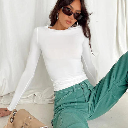 Y2k Long Sleeve T Shirt Women Spring Autumn Crop Top Casual Slim Fit Pullovers Solid O Neck T-shirts Streetwear Female Basic Tee