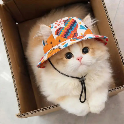 SU Summer Pet Cat Sun Hat With Ear Holes - Cute Kitten Fisherman Cap For UV Protection Breathable Outdoor Sunshade Cap For Cats