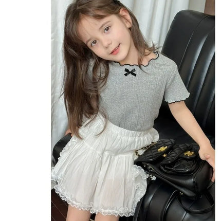 Girls' 1-12Y Korean-Style Knitted Lace-Trimmed Short-Sleeve Summer Ruched Tops: Trendy, Breathable, Bow Tie, Versatile Tee