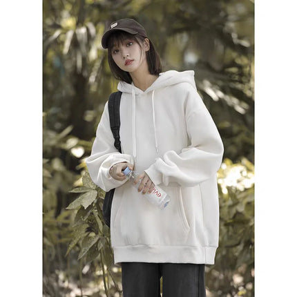 Retro Japanese Style Heavyweight Solid Color Hoodie Unisex Autumn Winter Casual Loose Warm Couple Inner Wear Top Coat