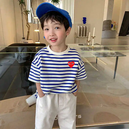 Summer Children's Cotton T-Shirt, Striped Round Neck, Short Sleeve, Kids' Top, Trendy Little Girl, Casual Cartoon Print, Sweat-Absorbing...