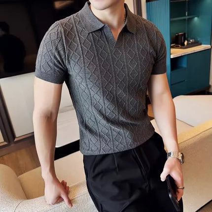 Business Casual Summer New Style Short Sleeve Polo Shirt Men's Knitted Slim Fit Collared Top Trendy Ins Style AE Stock