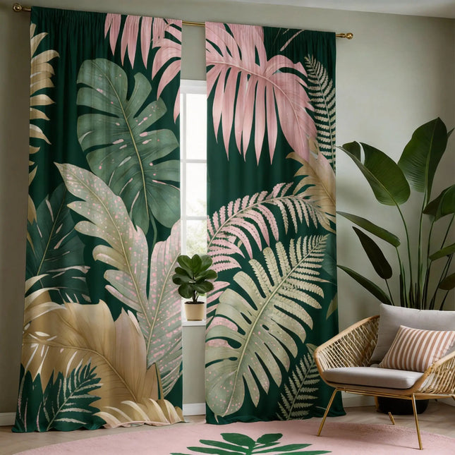 Pastel Tropical Curtains 2pcs – Blush Pink & Mint Monstera Leaves, Light Filtering Boho Window Decor