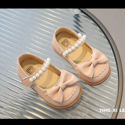 Toddlers Girls Leather Shoes Little Kids Casual Flats Princess Sweet with Pearls Beading Bow-knot 2024 Dress Party Shoes Soft
