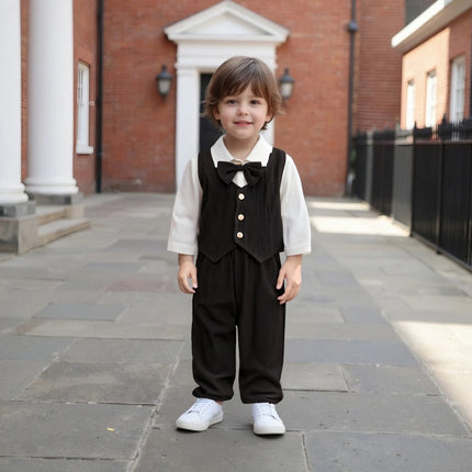 0-18M Newborn Baby Boy Dress Clothes Long Sleeve Romper Shirt Bowtie Waistcoat Suspender Pants Set Suit Fall Outfits