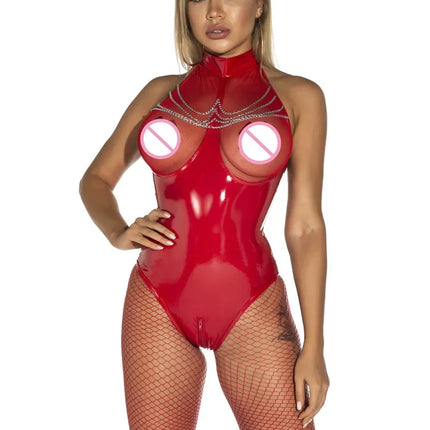 Sexy Faux Leather Catsuit PVC Latex Bodysuit Hollow out Bust Open Crotch Clubwear hot erotic Pole Dance Lingerie wetlook