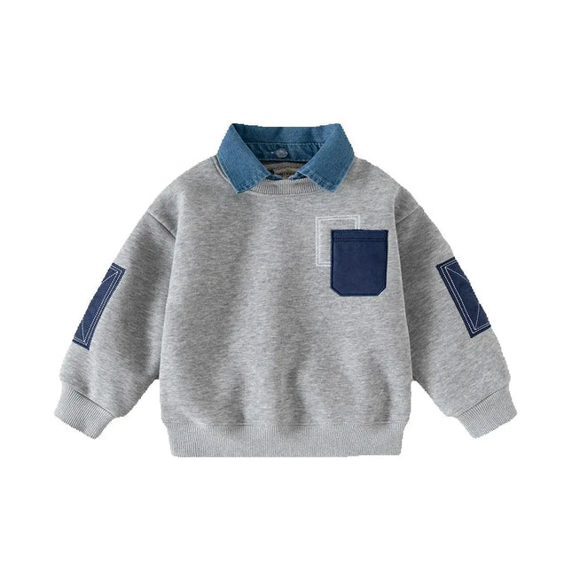 Fleece Padded False Denim Kids Tops Sweatshirt Patchwork Style Fashion Warm Kids Boys Pullover Casual Coat for Winter