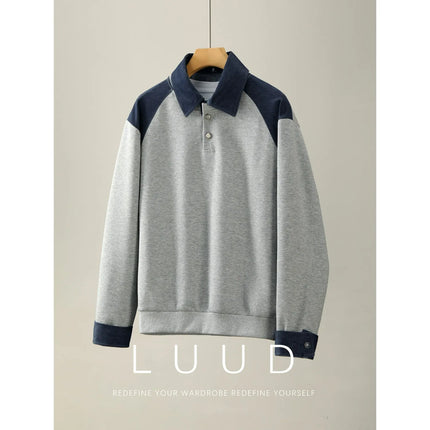 Relaxing lapel patchwork hoodie polo shirt for men in autumn, stylish and stylish design, long sleeved top, base shirt
