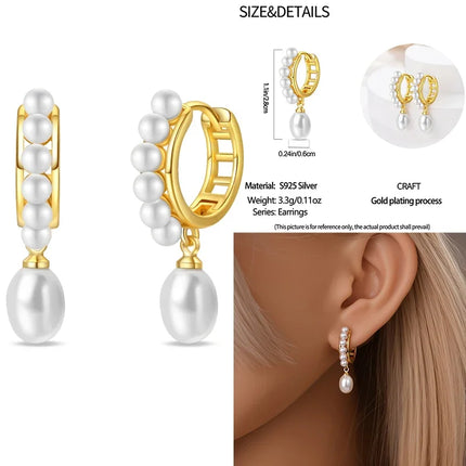 925 Sterling Silver Gold Pearl Hoop Earrings Pave Large Circular Shape Earring Gift for Women Jewelry Anniversary Wedding