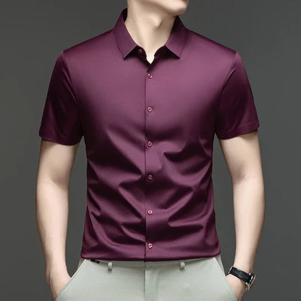Summer Men Short Sleeve Button Up Shirt Ice Silk Casual Business Formal Shirt Breathable Wrinkle Free