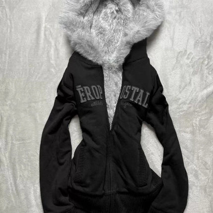 Y2K Retro Fur Collar Zipper  Hoodie Sweatshirts Women Kawaii Letter Graphic Print Tops Jacket Harajuku Gothic Sexy Slim Clothes