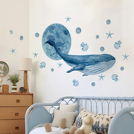 Large Watercolor Whales Wall Decals Ocean Medusa Animal Wall Sticker Under The Sea Theme Decals Nursery Kids Room Decor
