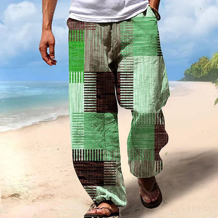 Summer Men Beach Pants 3D Geometric Print Drawstring Elastic Waist Straight Trousers Casual Loose Pants For MenA1