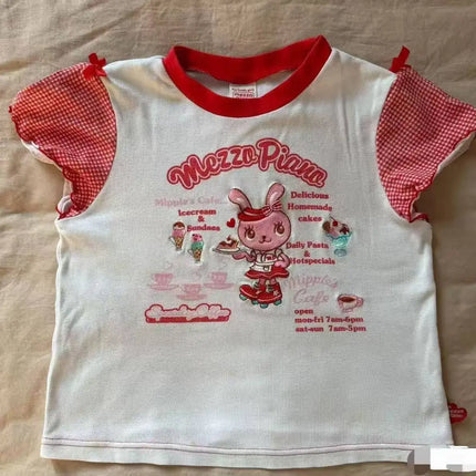 Cute Lolita Tee Women Japanese Harajuku Fairy Grunge Patchwork Tops Y2K Sweet Ruffle Detail Female Daily Outfit