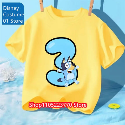 Kids Bluey 2-4 Birthday Number T-Shirt Autumn Winter Cartoon Printed Short Sleeve Tee for Boys Girls