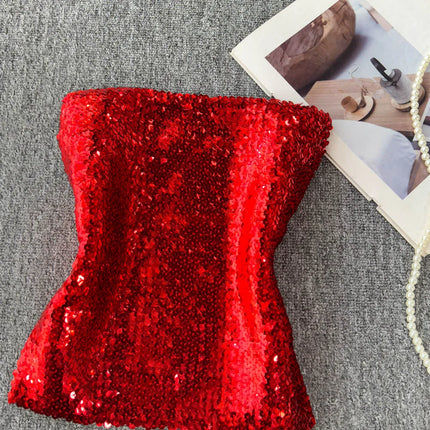 Elastic Slim Fit Stage Performance Outfit Heavy Sequin Wrap Chest Vest Tube Top in Pink Versatile Sexy Commute Sle ort Sl...