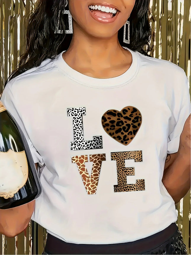 Fashion White "Love" Leopard Heart Pattern T-shirt-Casual Round Neck Short Sleeves Casual T-shirt Leopard Heart Pattern