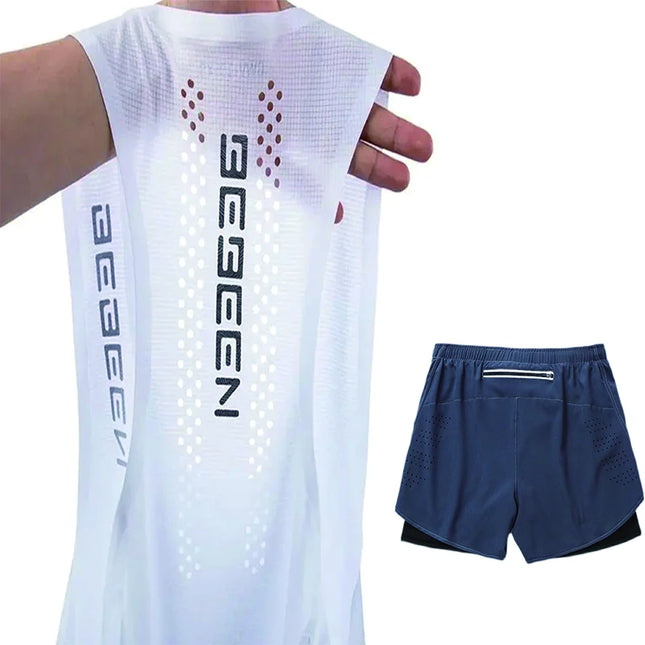 Men's running vest and shorts set with mesh design: breathable, comfortable, quick-drying, a two-piece suit for sports and fitness