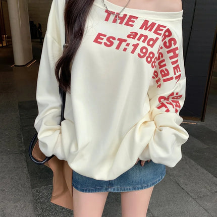 Sexy Oversize T-shirt Women Streetwear Letter Print Skew Collar Off Shoulder Long Sleeve Basic Top Korean Fashion Loose T-shirt