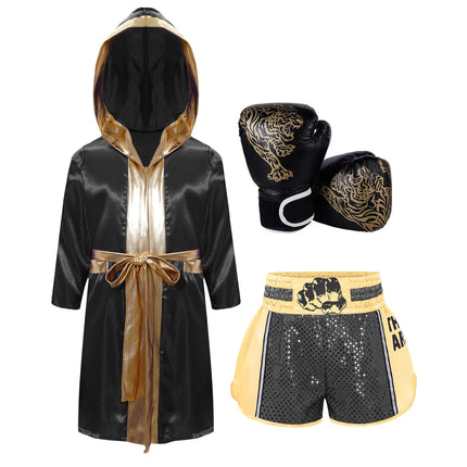 Boys Girls Halloween Carnival Boxer Cosplay Costume Boxing Robe Outfit Long Sleeve Satin Pugilism Hooded Cloak with Belt Shorts
