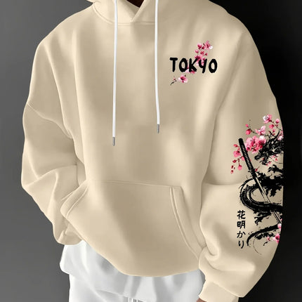 Trendy men's anime dragon and cherry blossom print hooded sweatshirt for casual street comfort, inspired design hoodie