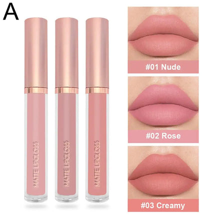 3pcs/set Nude Lip Gloss Matte Velvet Lipstick Waterproof Long-lasting Liquid Lipstick Women Moist Lip Tint Non-Stick