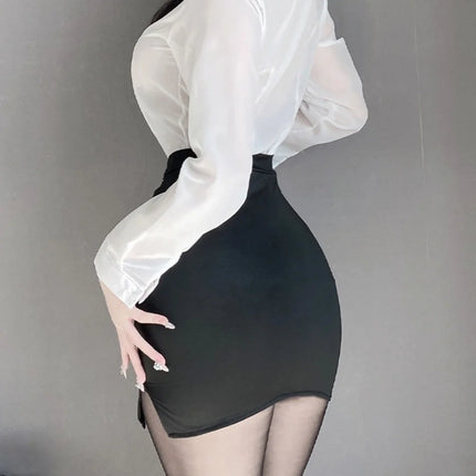 Sexy Pure Desire Summer Top Skirt Set Secretary Style OL Career White Shirt Women's Slim Fit Casual Fashion V-neck Polyester