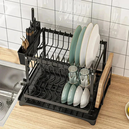 Premium Large-capacity 2-Tier Metal Dish Rack Drying Storage Shelf with Drain Tray for Kitchen