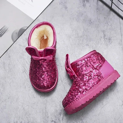 Girls Snow Boots Bunny Ear Bowtie Sequins Cute Winter Warm Ankle Boots Princess Toddler Non-slip Fashion Kids Boot Glitter Bling