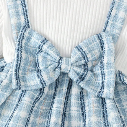 0-2 Fashionable Baby Girl Cute Romantic White Pit Strip Splicing Blue Checkered Long Sleeve Top with Blue Belly Pants and Hairba