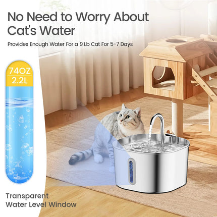 2.2L Stainless Steel Cat Water Fountain,Pet Water Dispenser With Filter,Dog Drinking Fountain For Cats,Ultra Quiet Water Pump