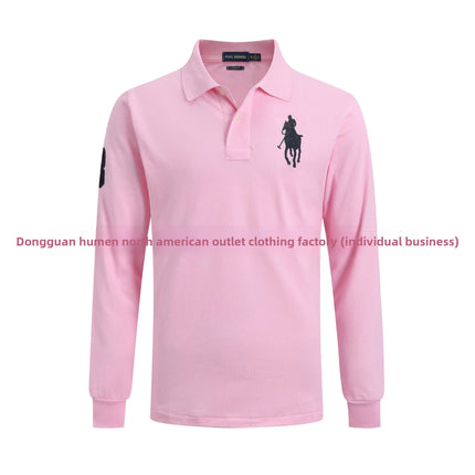 Long Sleeve Pure Cotton Polo Shirt Men's Embroidered Polo Neck T-Shirt Casual Spring Autumn British Style Loose Fit Solid Color