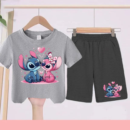Kids Disney Stitch Print Summer Cute Breathable Tees + Shorts 2pcs 3-12 Years Boy Girls Round-neck Set Children Leisure Clothing