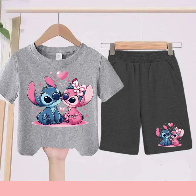 Kids Disney Stitch Print Summer Cute Breathable T-shirts + Shorts 2pcs 3-12 Years Boy Girls Round-neck Set Children Leisure Clothing