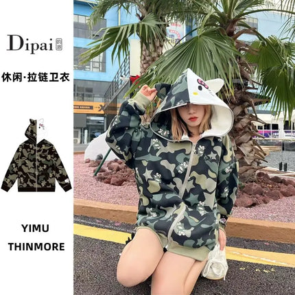 American Hello Kittys Women Zip Jacket Vintage Hooded Sweatshirt Sanrioed Y2K Girls Zipped Coat Couple Tops Casual Streetwear