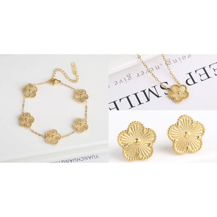 Simple 316L Stainless Steel Flower Five Leaf Necklace Bracelet Earrings 18K Gold Plated Jewelry Set For Women Girl Gift Clover