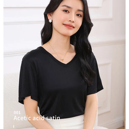 2026 Summer New Women's T-shirt V-neck Knitted Women's Short Sleeve High end Acetate Fiber White Fashion Women's Top