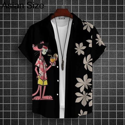 Cartoon Leopard Graphic Men Short Sleeve Lapel Shirt Tops Unisex Pink Button-Down Hawaiian Shirts Summer Daily Female Blouses